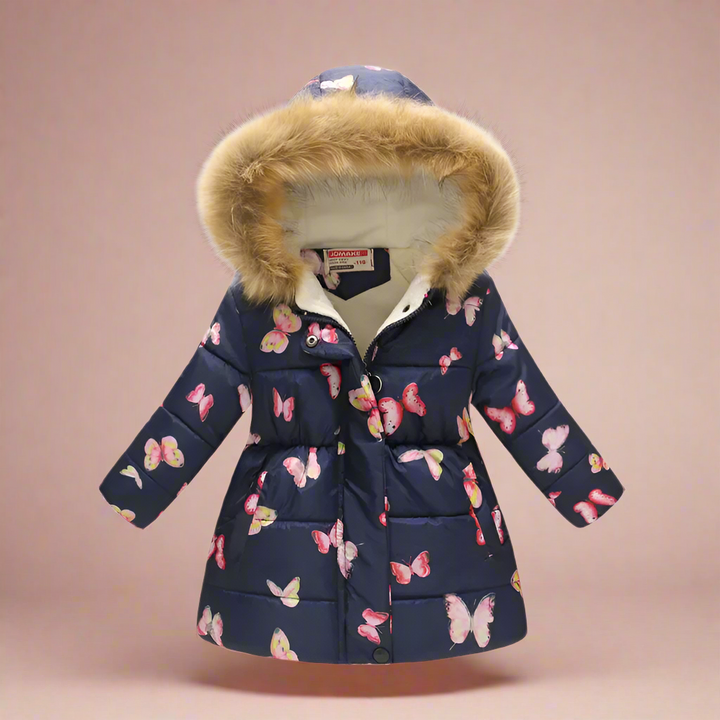 Navy quilted coat with pink butterfly print and fluffy hood trim