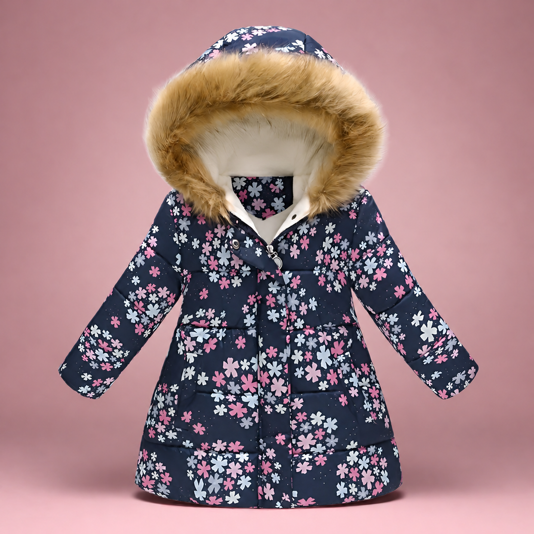 Navy hooded coat with small pink and white flowers and fluffy hood trim