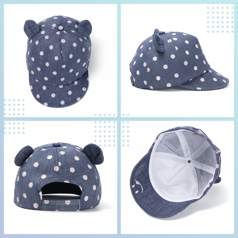 Navy polka dot cap shown from the front, side, back, and inside.