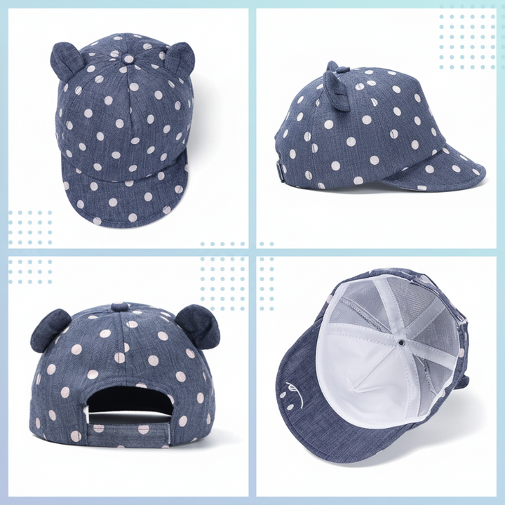 Navy polka dot cap shown from the front, side, back, and inside.