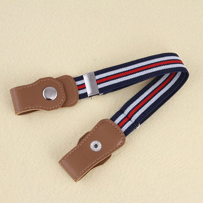 Navy, red and white striped elastic belt with brown snap-on ends