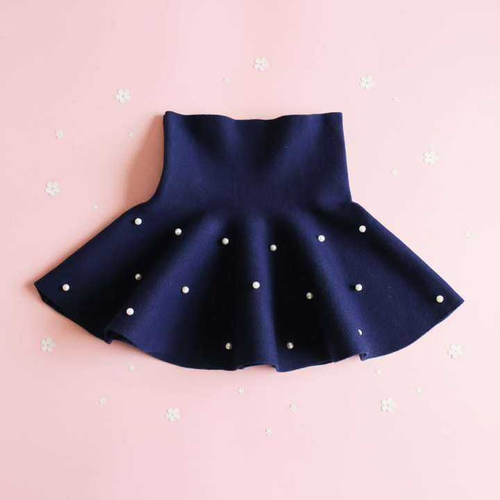 Navy blue flared knit skirt with scattered pearl-style beads