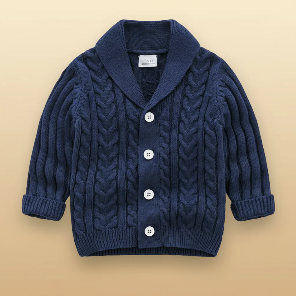 Navy cable-knit baby cardigan with a V-neck collar, four buttons, and ribbed cuffs