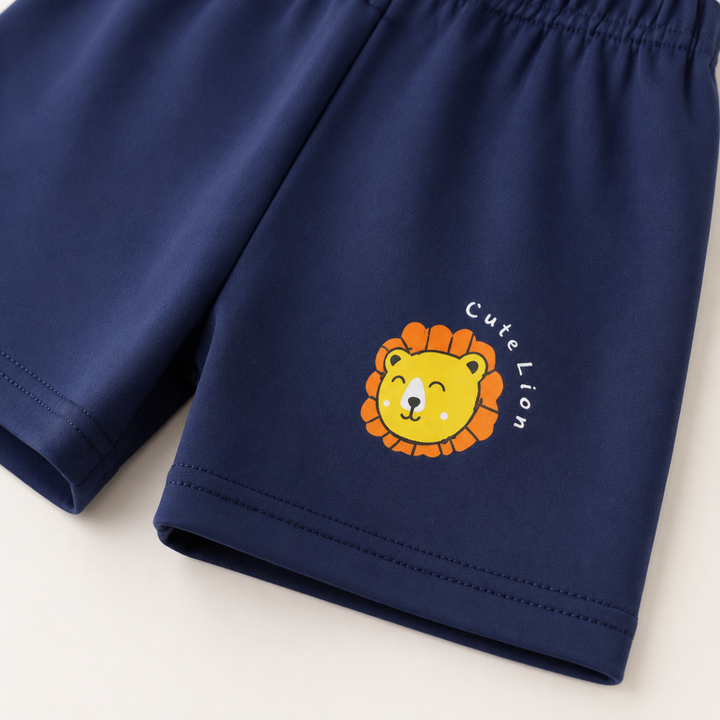 Navy shorts with an elastic waistband and a small lion graphic near the hem.