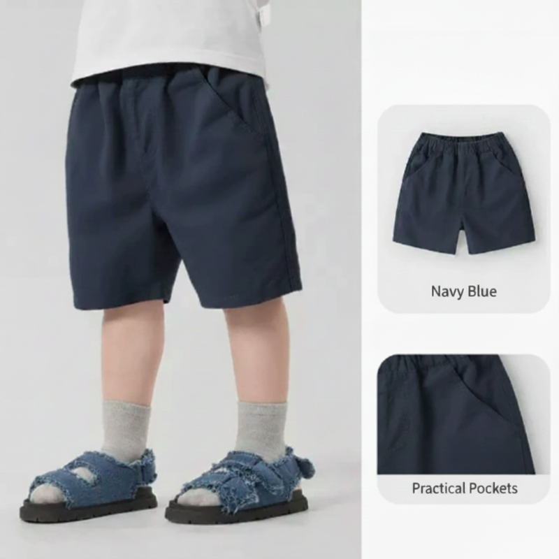 Child wearing navy shorts with a white T-shirt, beside a close-up of the side pocket