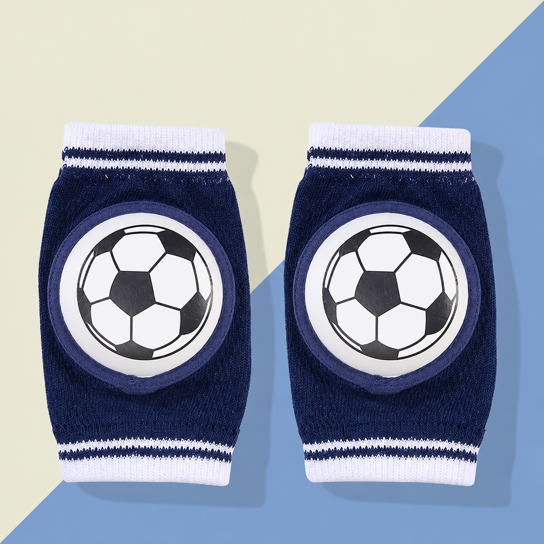 Pair of navy knee pads with black-and-white soccer ball fronts.