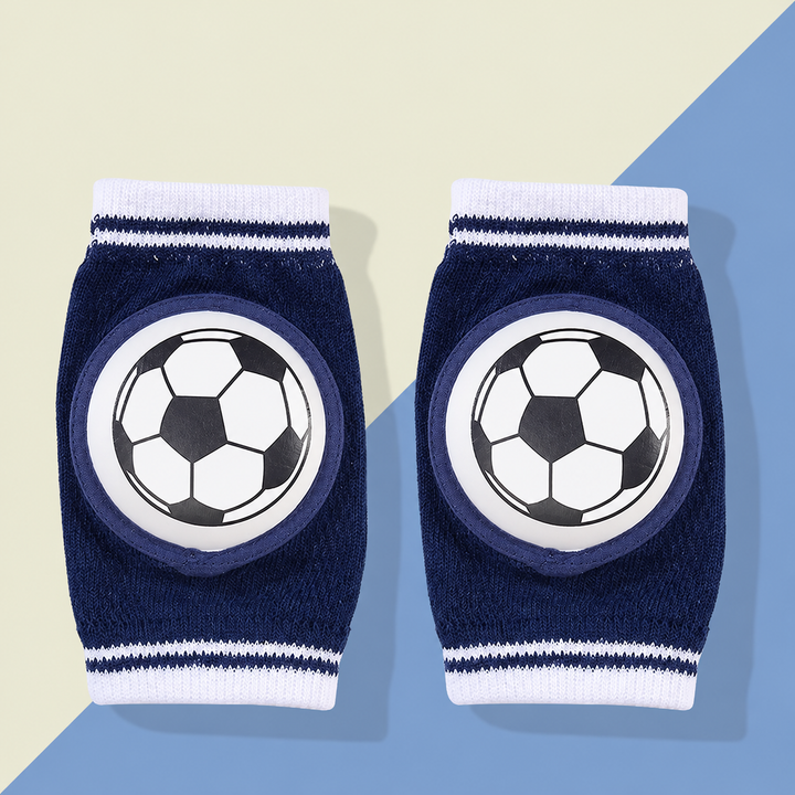 Pair of navy knee pads with black-and-white soccer ball fronts.