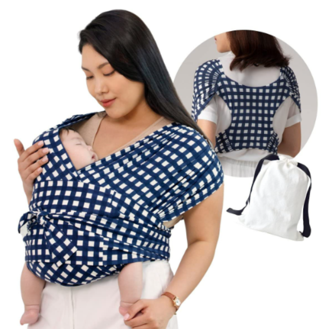 Navy-and-white checked baby carrier shown from the front and back with a drawstring pouch