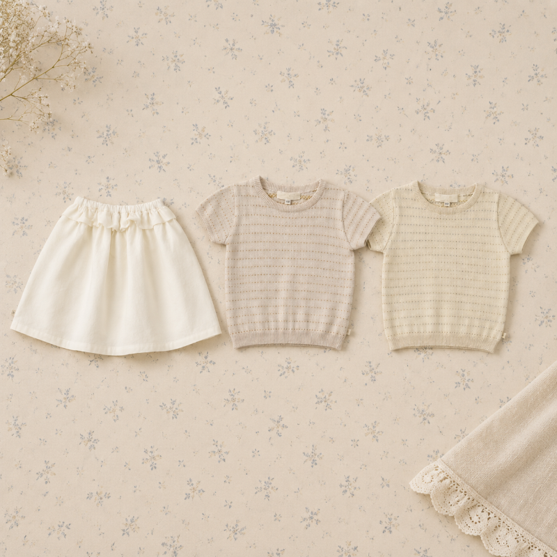 Two neutral short-sleeve knit tops arranged beside a white A-line skirt