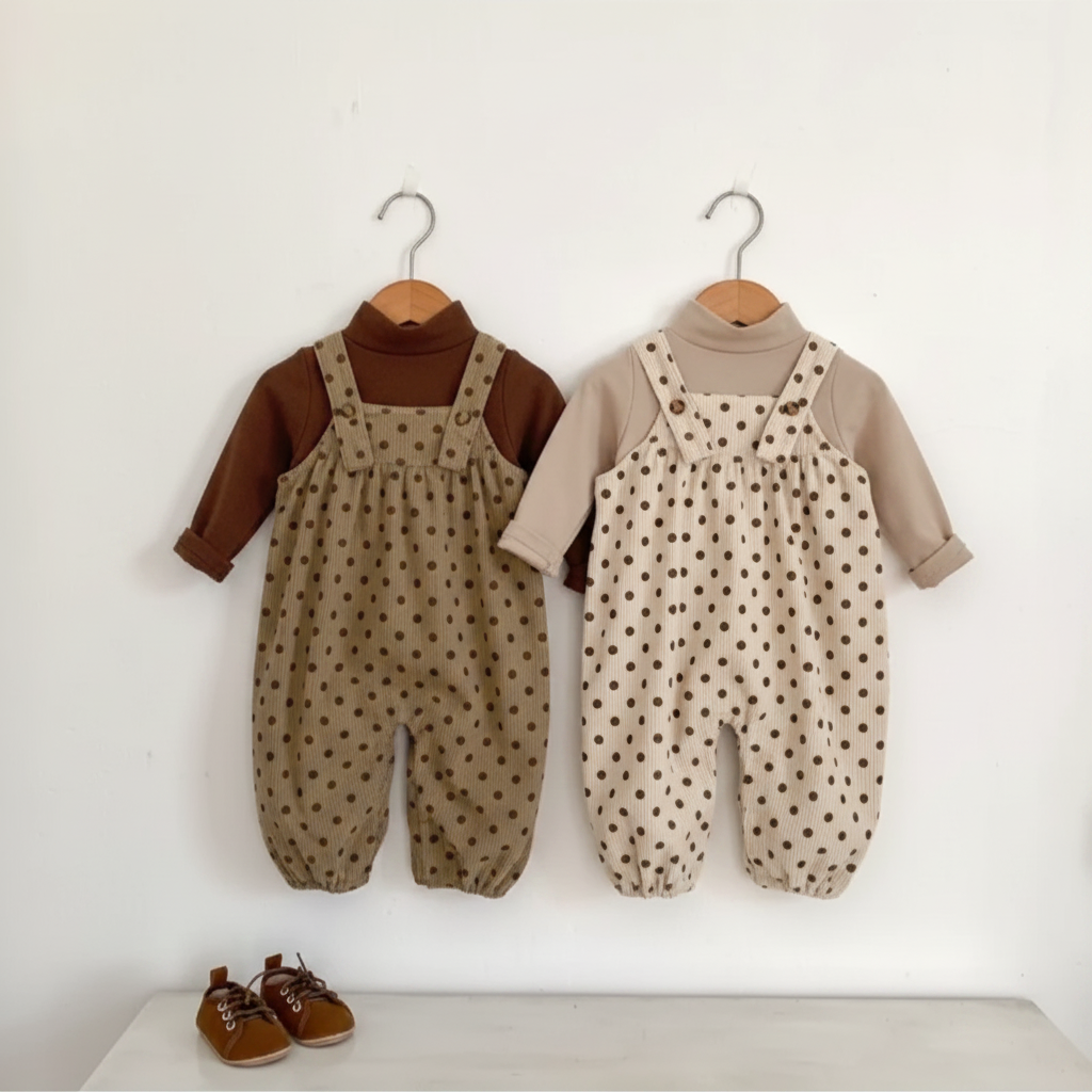 Brown and apricot polka-dot baby jumpsuits paired with coordinating long-sleeve sweaters on hangers.