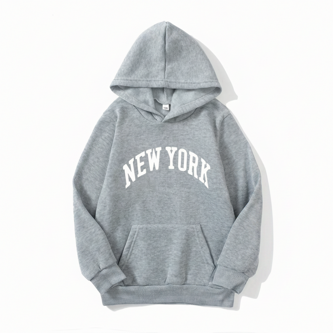 Gray pullover hoodie with white New York lettering and a front pouch pocket.