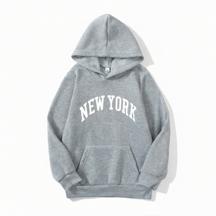Gray pullover hoodie with white New York lettering and a front pouch pocket.