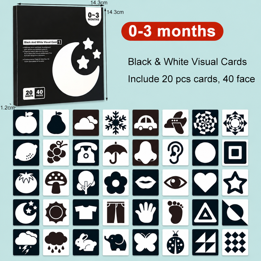 Black-and-white visual card set for ages 0–3 months with a grid of objects, animals, and patterns.