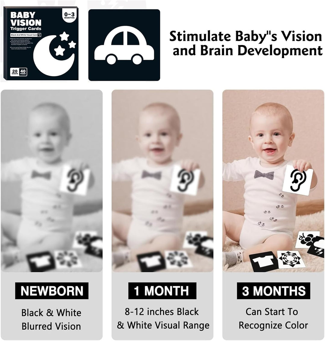 Black-and-white picture cards with three baby portraits labeled newborn, 1 month, and 3 months
