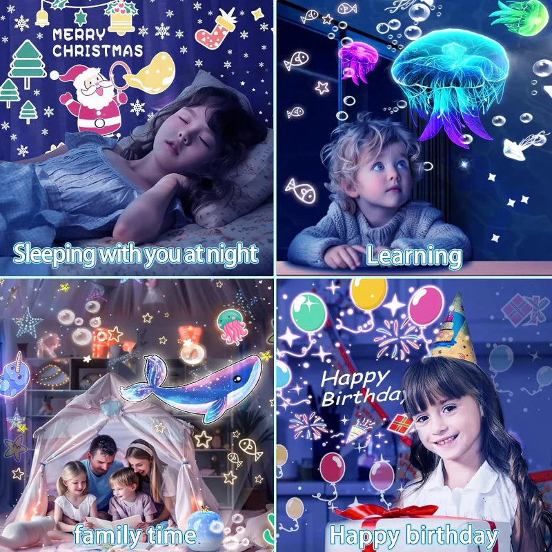 Christmas, jellyfish, whale, and birthday projection scenes in a four-panel collage.