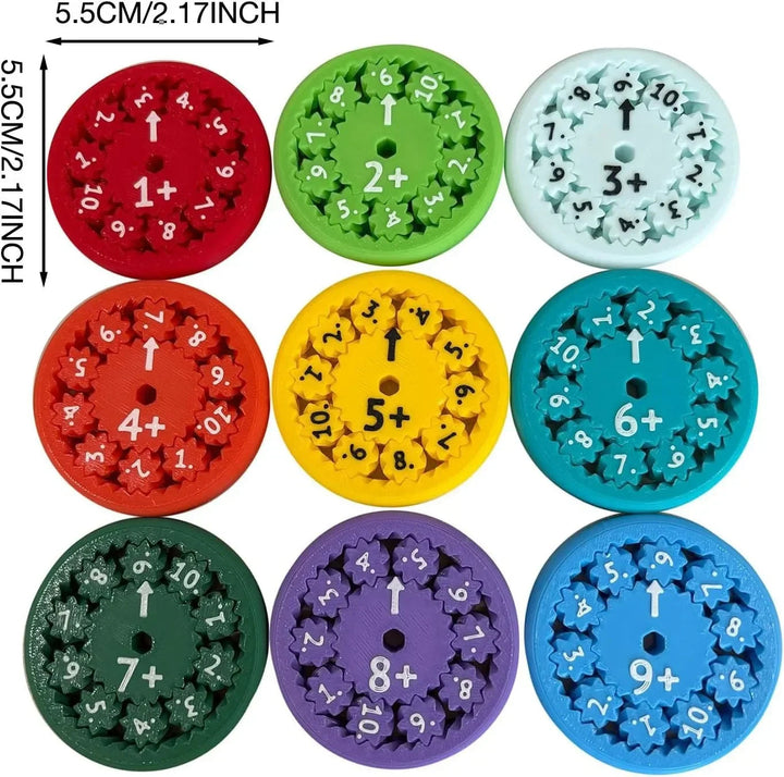 Nine addition spinners with a measurement graphic showing a width and height of 5.5 cm.