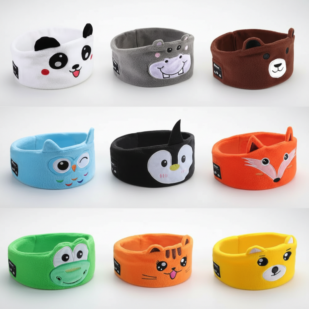Nine animal Bluetooth sleep masks, including panda, bear, owl, fox, and dinosaur designs.