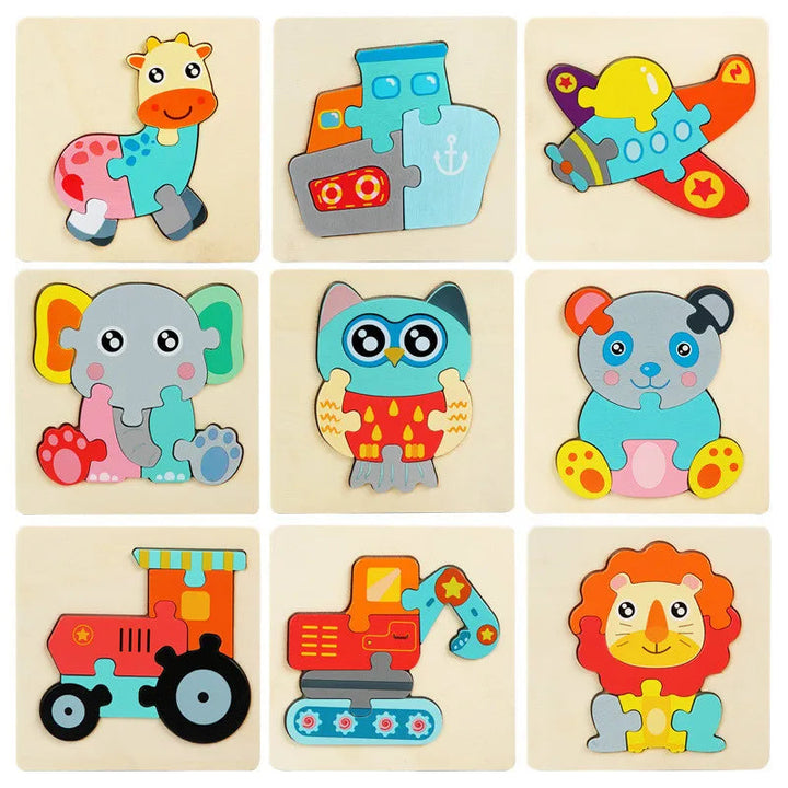 Nine animal and vehicle wooden jigsaw puzzle designs arranged in a grid