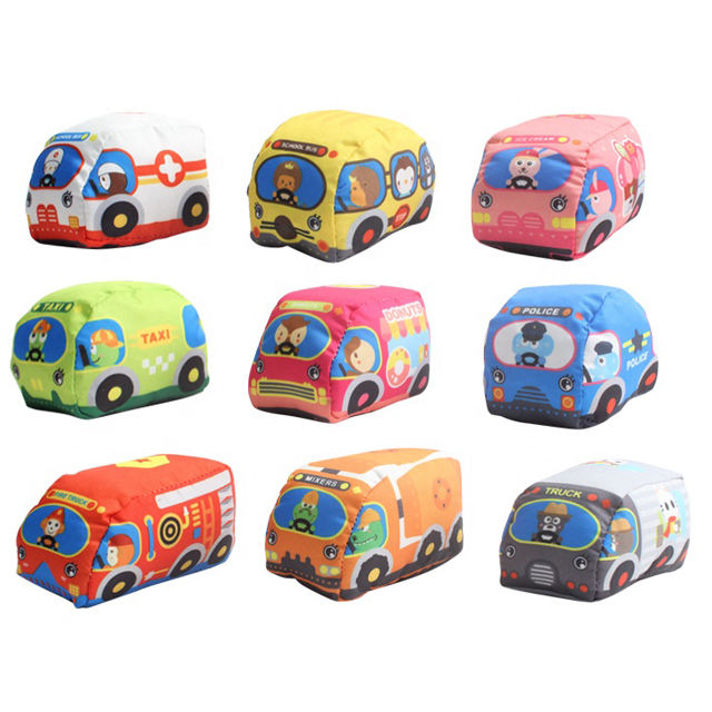 Nine colorful cotton toy vehicles, including a taxi, ambulance, fire truck, and police car