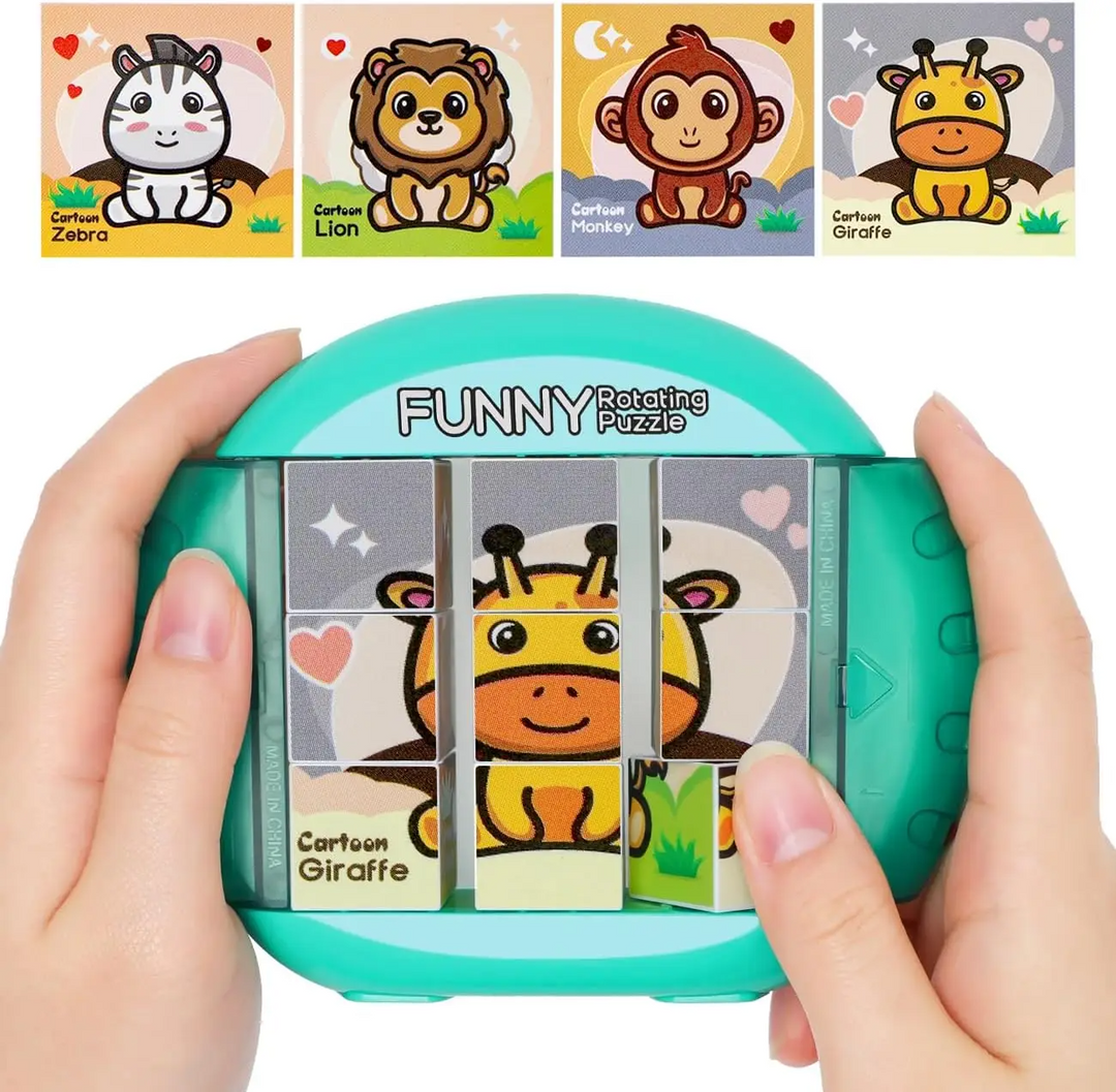 Nine-cube animal puzzle in a green frame, showing a giraffe and four animal picture designs