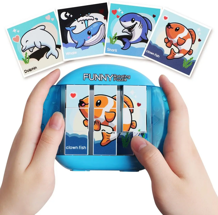 Blue nine-cube fish rotary puzzle with a clownfish picture and four aquatic animal designs