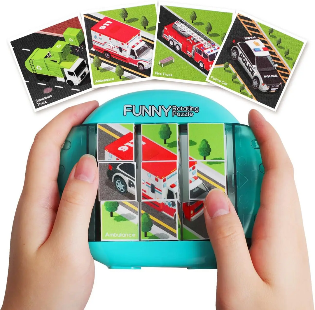 Teal nine-cube emergency vehicle puzzle with an ambulance picture and four vehicle designs