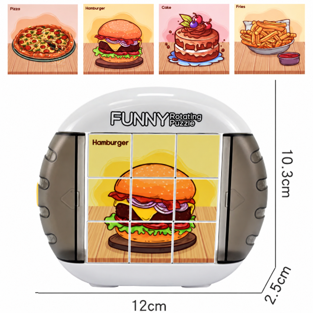 White and gray nine-cube food puzzle showing a burger, with pizza, cake, and fries designs