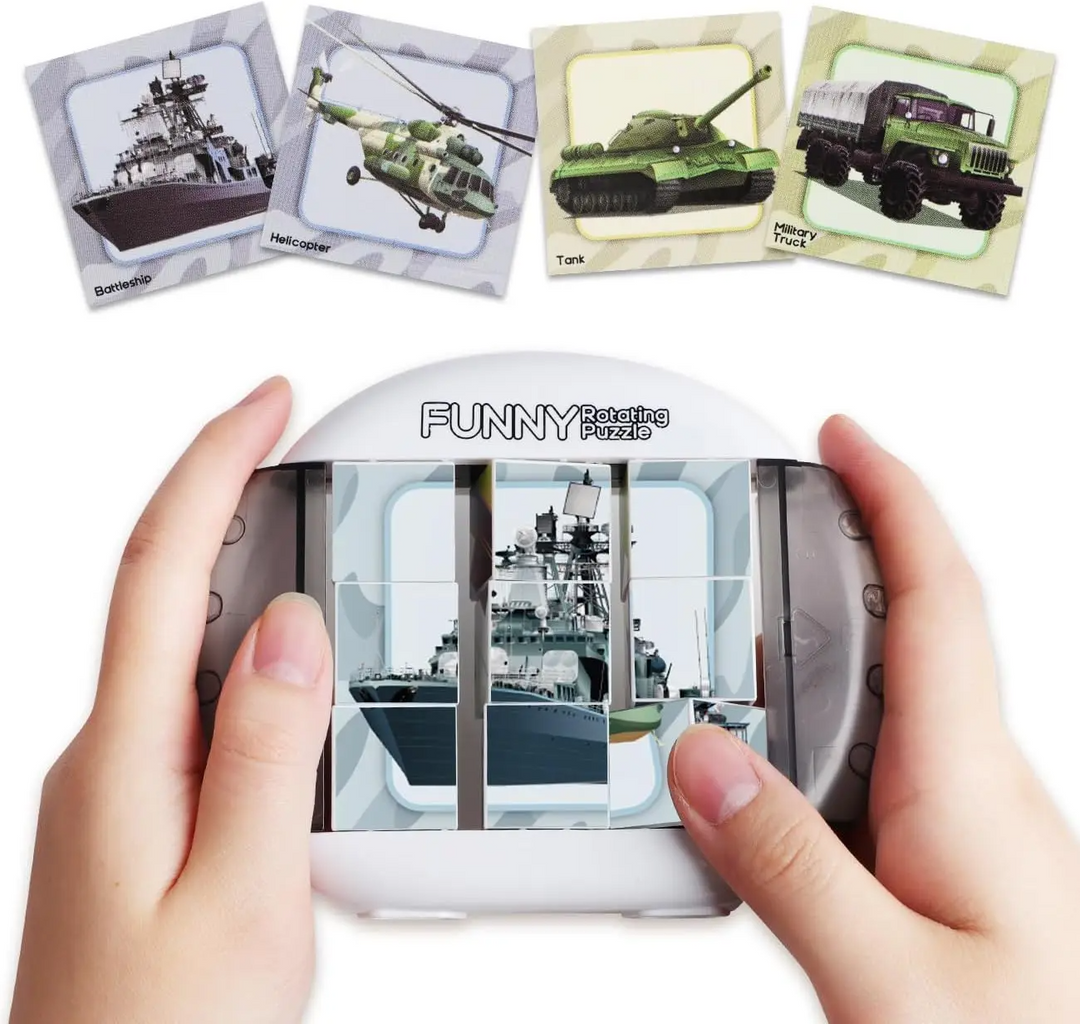 White and gray nine-cube military vehicle puzzle displaying a ship, with four military vehicle designs