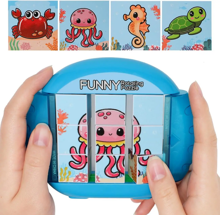 Blue nine-cube ocean puzzle with a jellyfish picture and crab, seahorse, and turtle designs