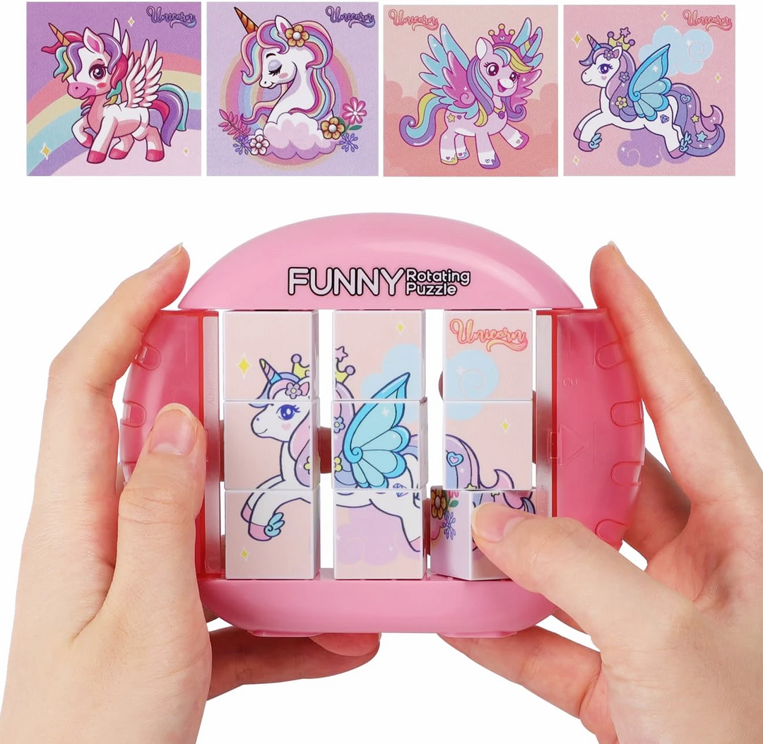 Pink nine-cube unicorn rotary puzzle held in two hands, with four unicorn designs above