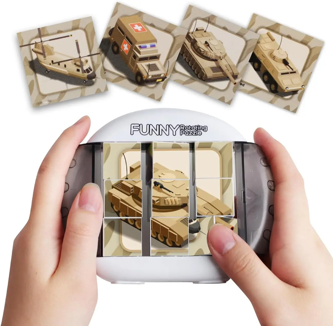 White and gray nine-cube tank puzzle with four armored vehicle designs