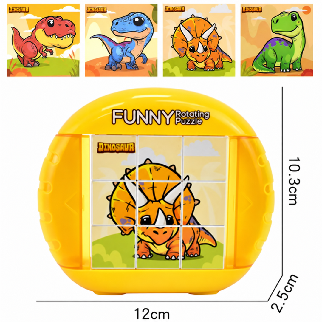 Yellow nine-cube dinosaur puzzle with four dinosaur designs and a size diagram