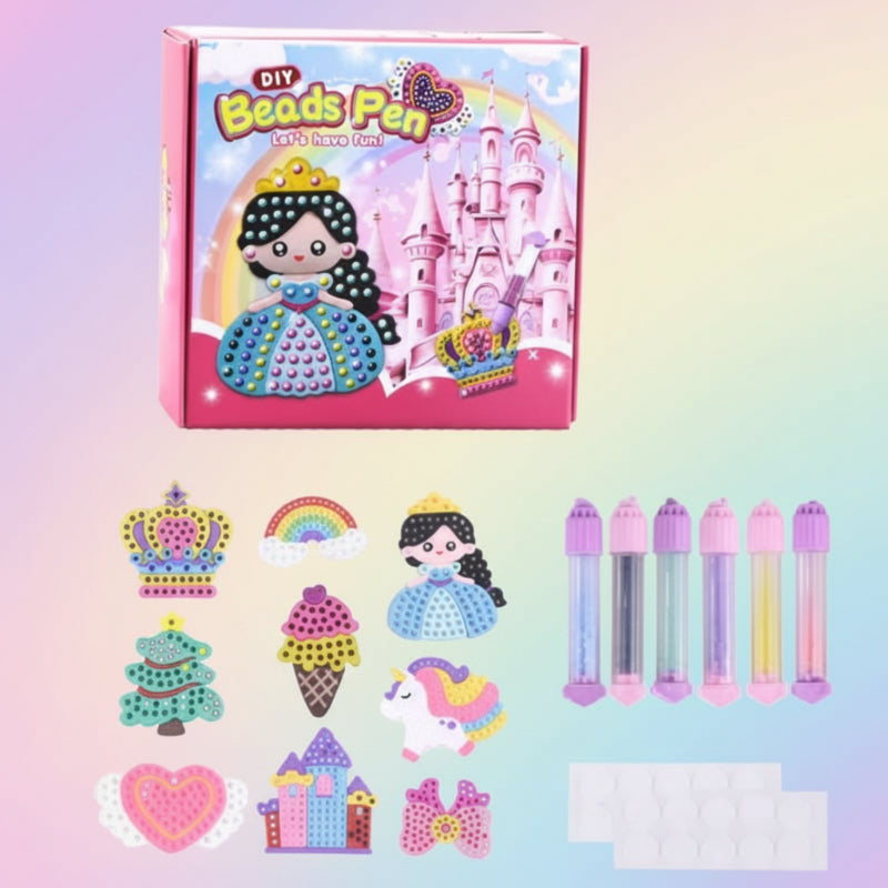 Nine-design bead craft set with six applicator pens, colored beads, stickers, and storage box