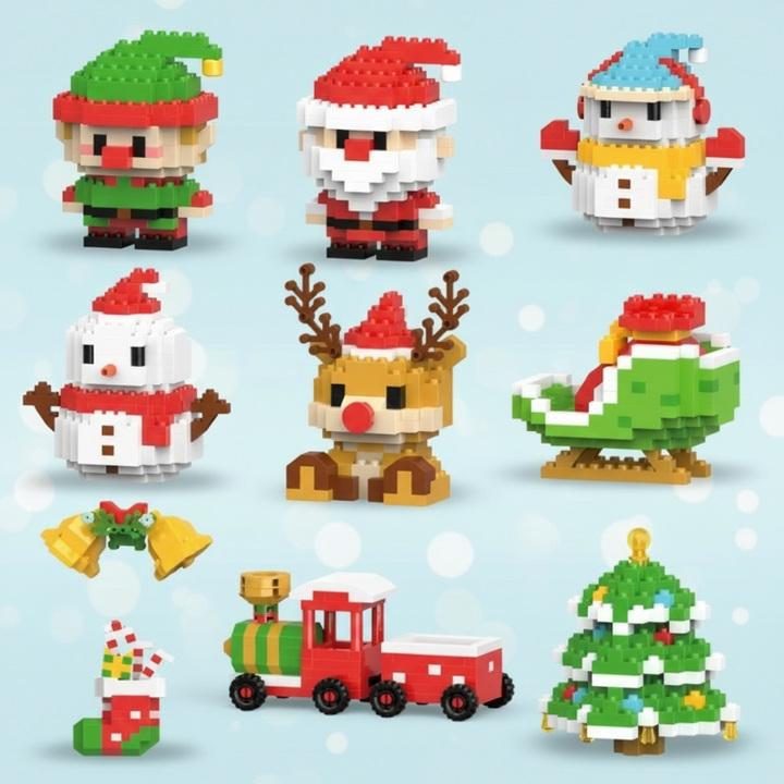 Nine Christmas mini block designs including Santa, an elf, snowmen, a sleigh, a train and a tree