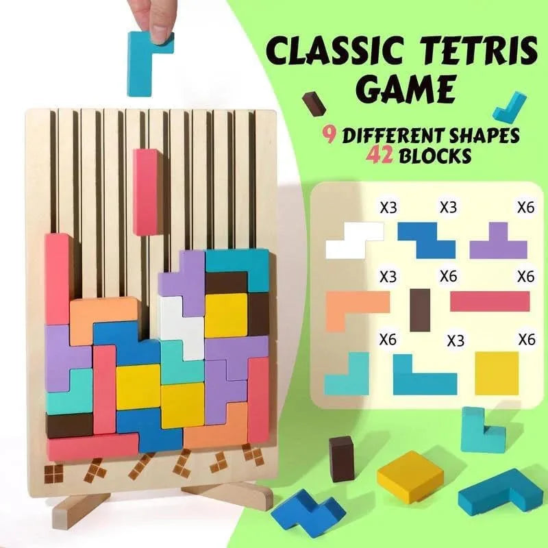 Wooden puzzle board beside a guide showing nine block shapes and 42 blocks