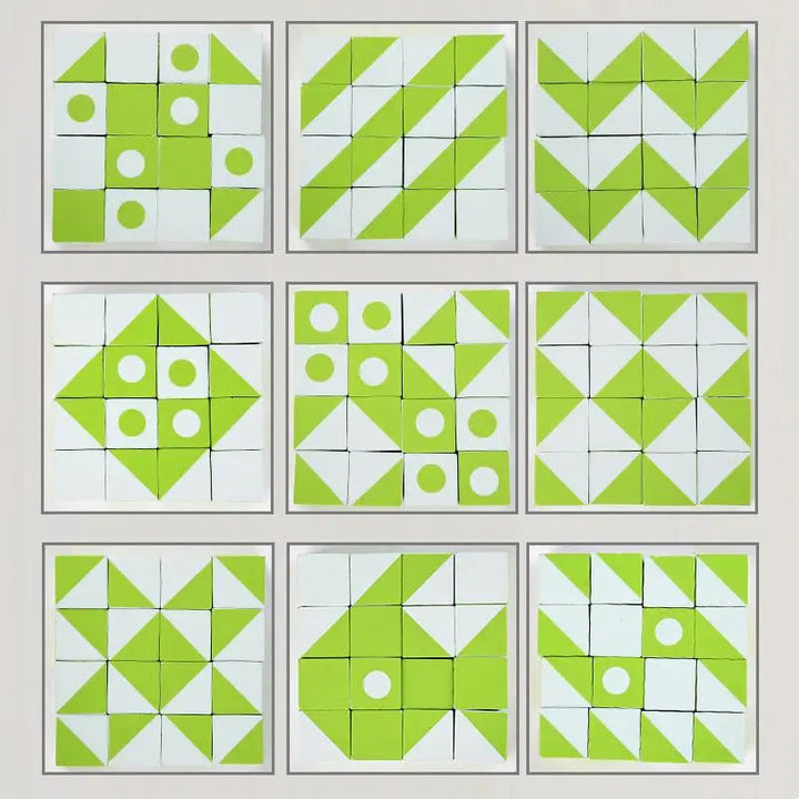 Nine geometric patterns made with green and white wooden puzzle blocks