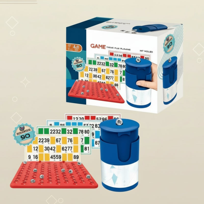 90-number bingo set with a blue dispenser, numbered cards, and a red number tray