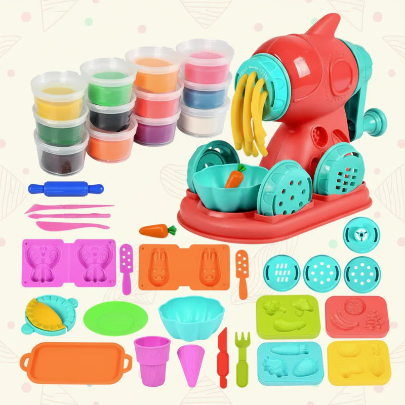 Red clay noodle machine with clay tubs, shaping discs, molds, bowls, and utensils