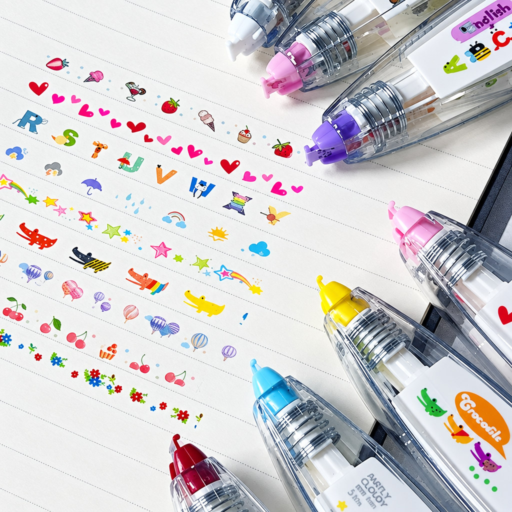 Decorative tape dispensers around a notebook filled with heart, letter, star and fruit pattern rows.