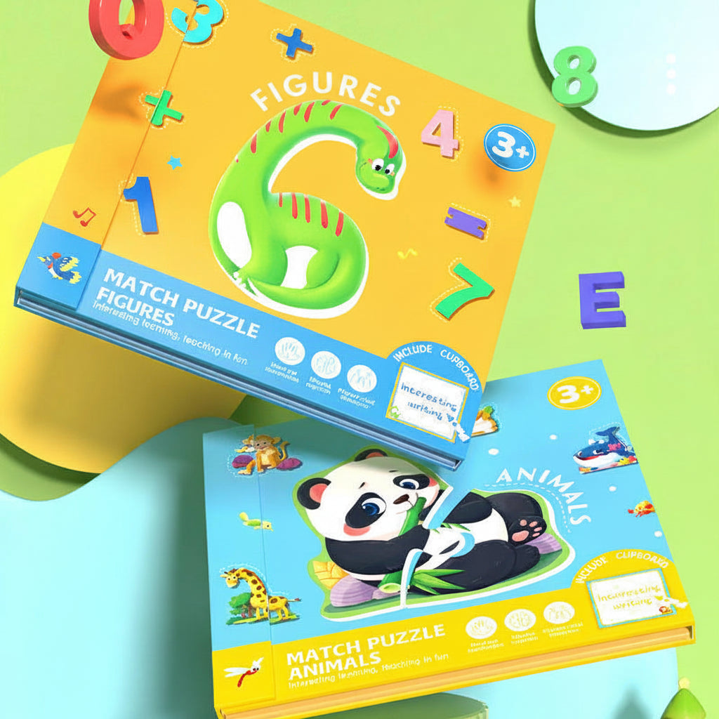 Number-themed and animal-themed magnetic puzzle book covers on a colorful background.