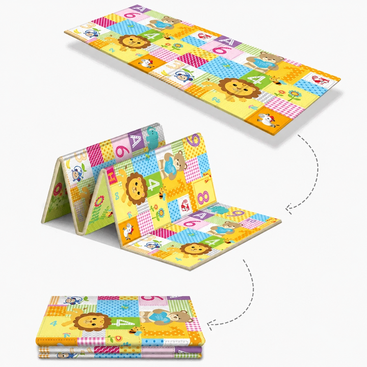 Colorful number-and-animal play mat shown flat, partly folded, and stacked