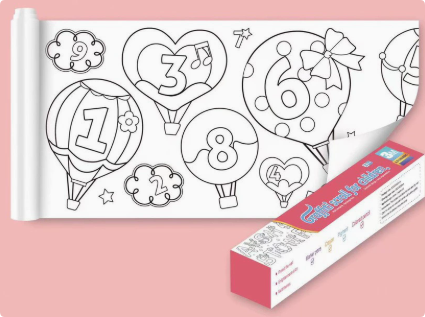 Number-themed coloring roll with numbered balloon outlines beside its red box