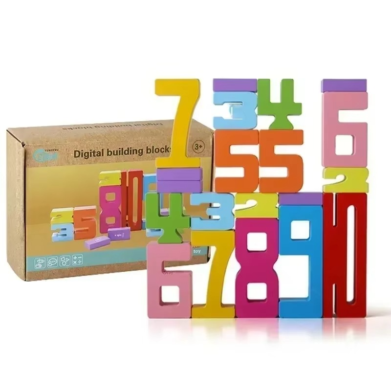 Colorful number blocks arranged in a tower beside the product box.