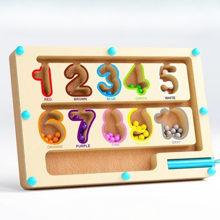 Number-themed wooden magnetic maze with colored bead spaces labeled 1 through 10