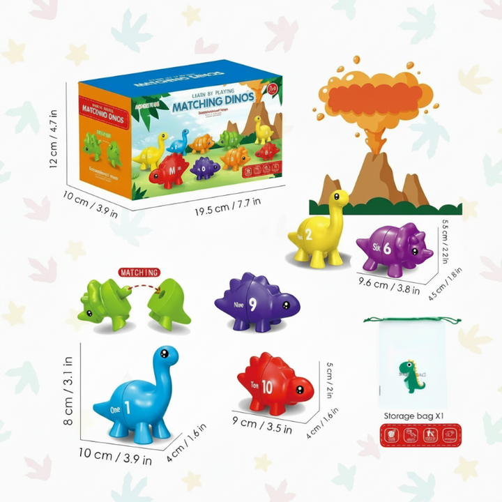 Number dinosaur set with numbered figures, a drawstring bag, packaging, and measurements