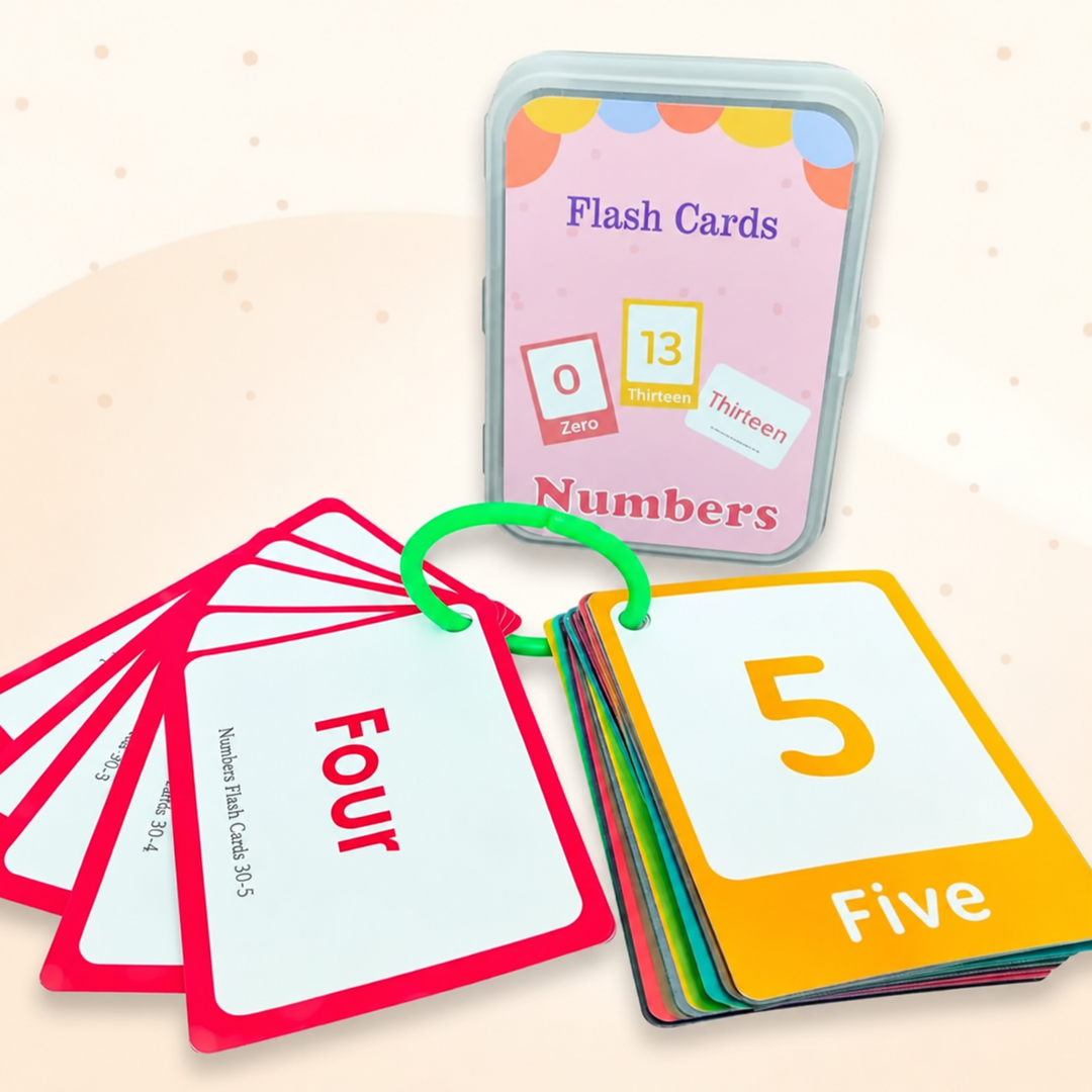 Number flash cards showing four and five, with a ring and storage case.