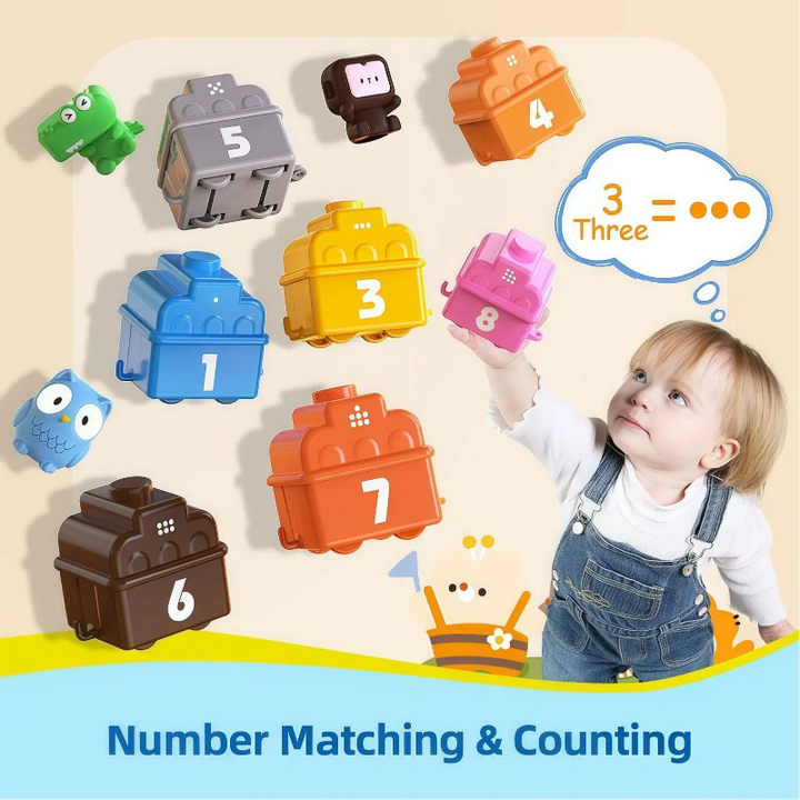Colored train wagons and animal figures illustrating number matching and counting