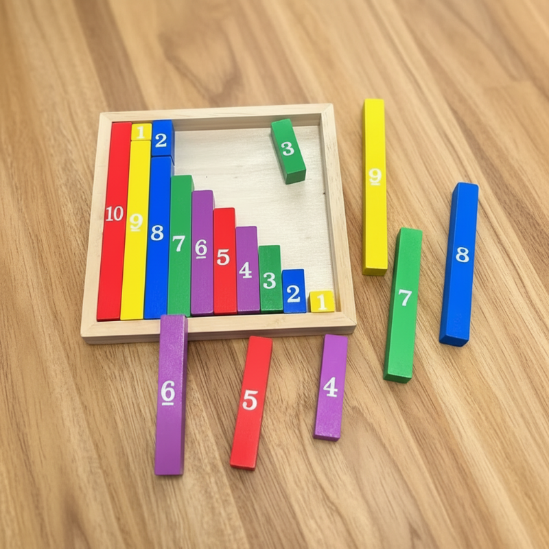 Numbered wooden rods arranged by length in a tray, with loose pieces beside it