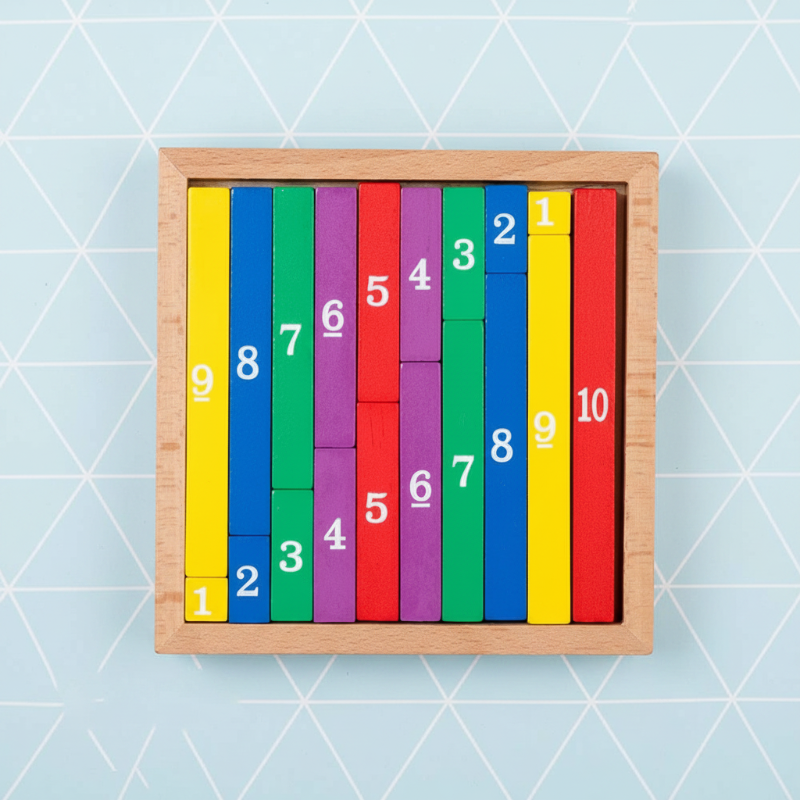 Wooden number puzzle with pieces labeled 1 to 10 arranged in equal-length columns