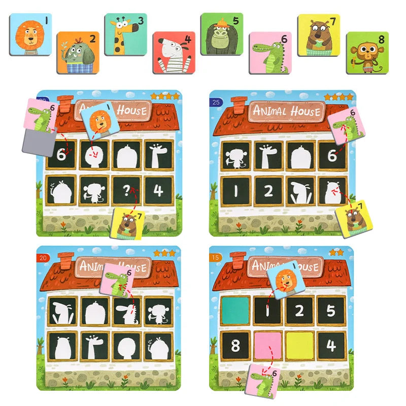 Eight animal pieces above four number and silhouette matching layouts
